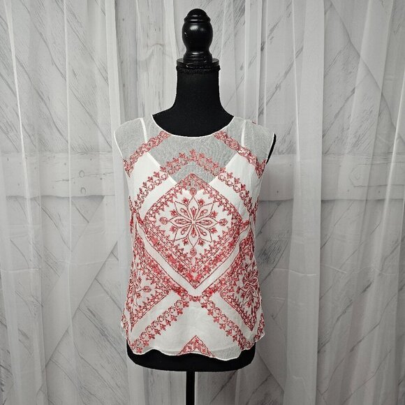 NWT Cynthia Vincent Twelfth Street White Red Floral Embroidered Boho Tank Top S - Picture 1 of 14